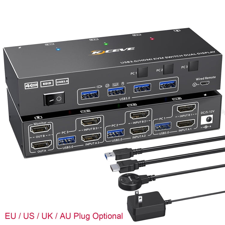 KC-KVM302AS 4K 60Hz USB3.0 / HDMI Dual Monitors KVM Switch, EU Plug
