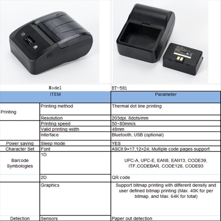 BT-581 58mm USB-C/Type-C + Bluetooth Portable Thermal Printer