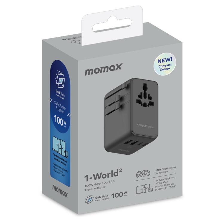 MOMAX UA23 1-World 2 4-Port Mini Universal Travel GaN Charger 100W with Dual AC