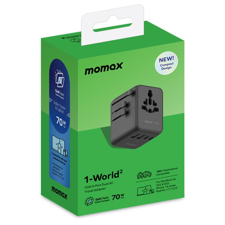 MOMAX UA22 1-World2 70W Dual AC Mini GaN Global Travel Fast Charging Socket