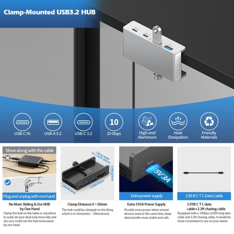 HCL-4A-Pro Aluminum Alloy 4-port USB3.0 Clamp Hub