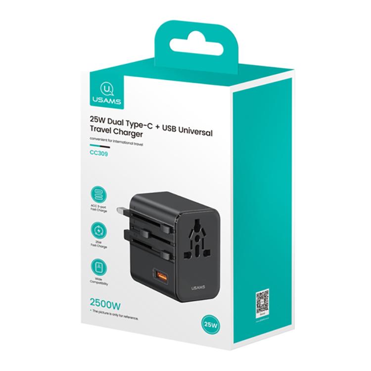 USAMS CC309 25W Dual Type-C and USB-A Ports Universal Travel Charger