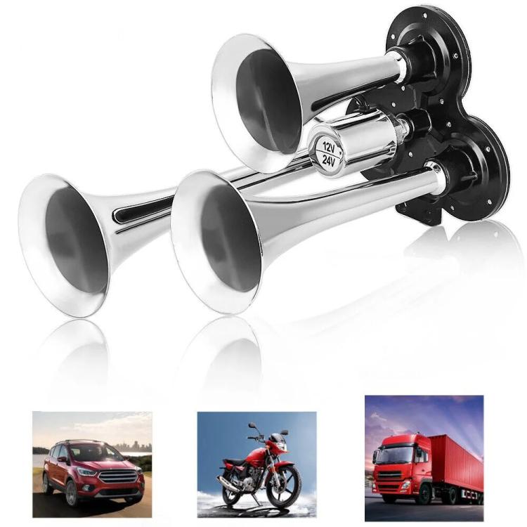 12V / 24V 600dB Car / Truck 3-Trumpet Super Loud Electric Horn, with M6 Air Nozzle and Leather Hose