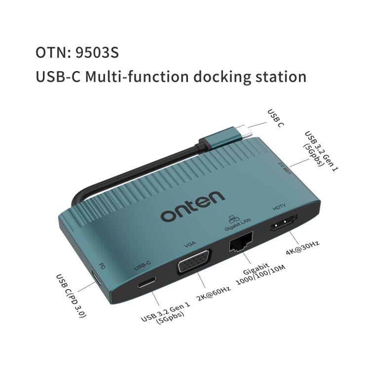 Onten 6 in 1 USB-C Multi-function Docking Station, HDTV+VGA+RJ45 Gigabit +USB-C Data +USB-C PD 3.0+USB 3.0