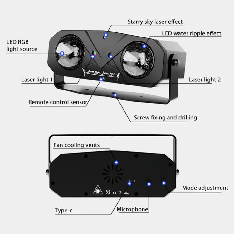 Double Magic Ball Laser Light LED Water Ripple RGB Rotating Stage Lamp