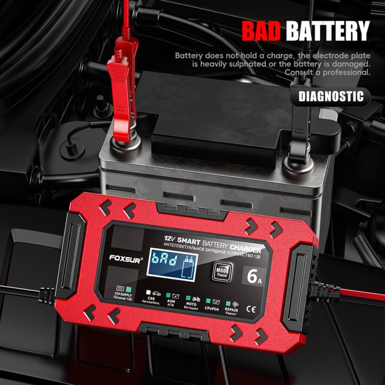 FOXSUR FBC1206F 12V 6A Car Motorcycle Battery Charger Smart Repair Multi-function Charger