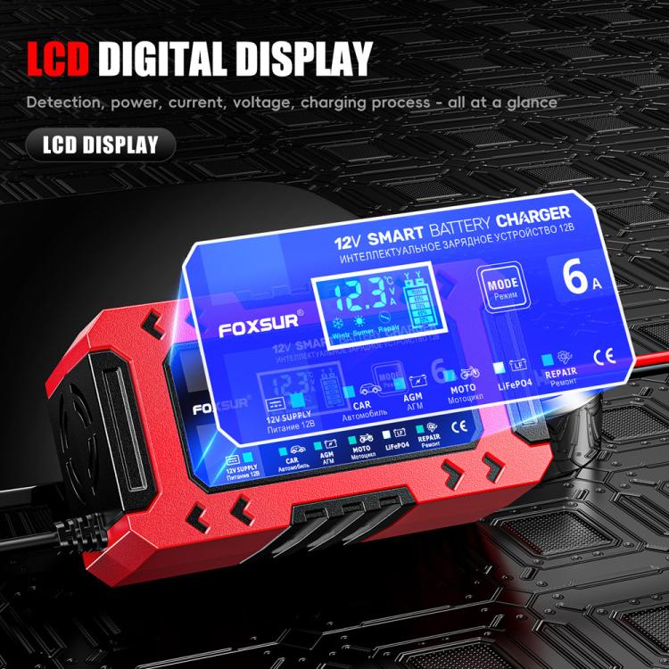 FOXSUR FBC1206F 12V 6A Car Motorcycle Battery Charger Smart Repair Multi-function Charger