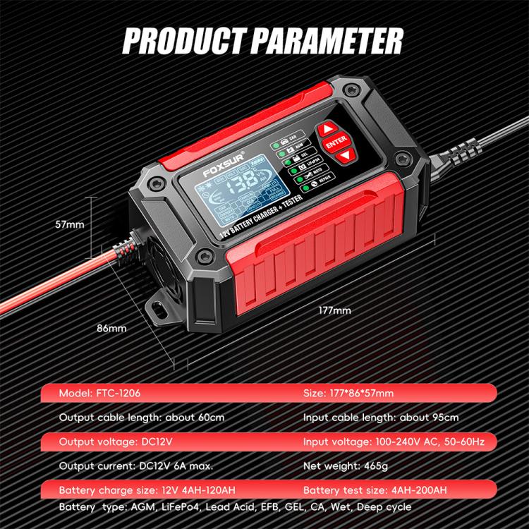 FOXSUR FTC-1206 2 in 1 12V Charging Tester Integrated Machine Car Motorcycle Battery Charger Tester