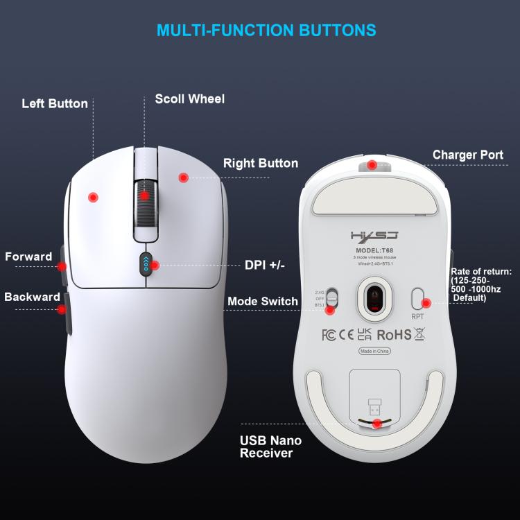 HXSJ T68 3 Modes Wired 2.4G BT5.1 Wireless Lightweight Gaming Mouse