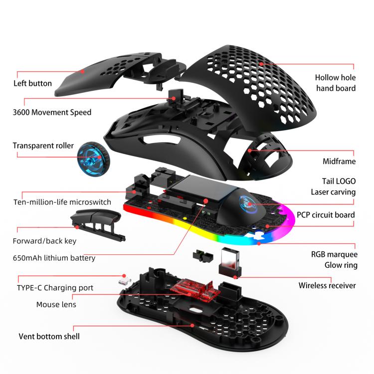 HXSJ T66 3 Modes Wired 2.4G BT5.3 Wireless RGB Rechargeable Mouse