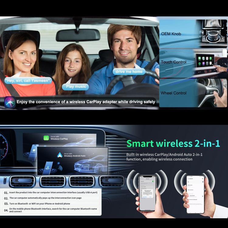 2 in 1 Car CarPlay and Android Auto Wired to Wireless Smart Box Adapter Mini USB Converter