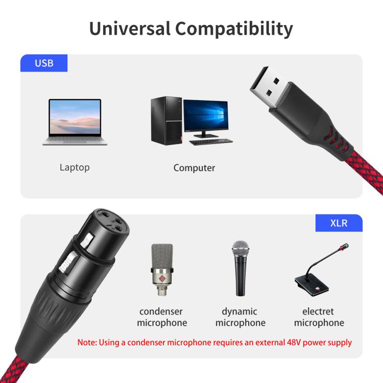 USB-A to XLR Female Audio Recording Cable for Dynamic Microphone