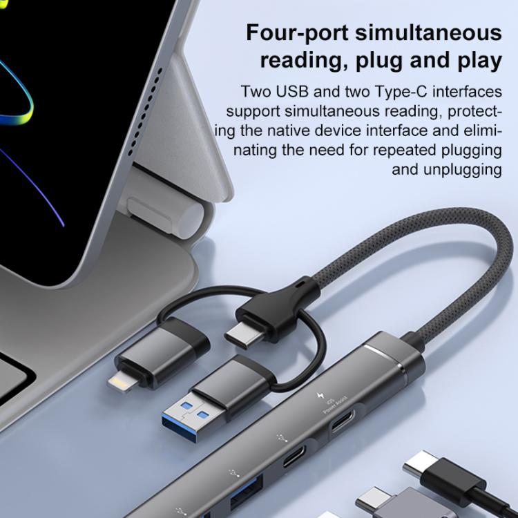 USB / Type-C / 8 Pin to PD, 2 x USB, 2 x Type-C HUB Adapter 5 in 1 Docking Station