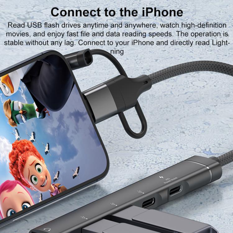 USB / Type-C / 8 Pin to PD, 2 x USB, 2 x Type-C HUB Adapter 5 in 1 Docking Station