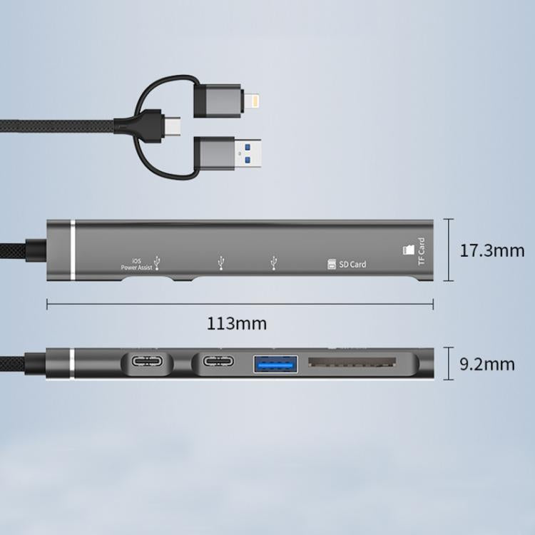 USB / Type-C / 8 Pin to TF / SD Card Reader, USB, Type-C HUB Adapter 5 in 1 Docking Station