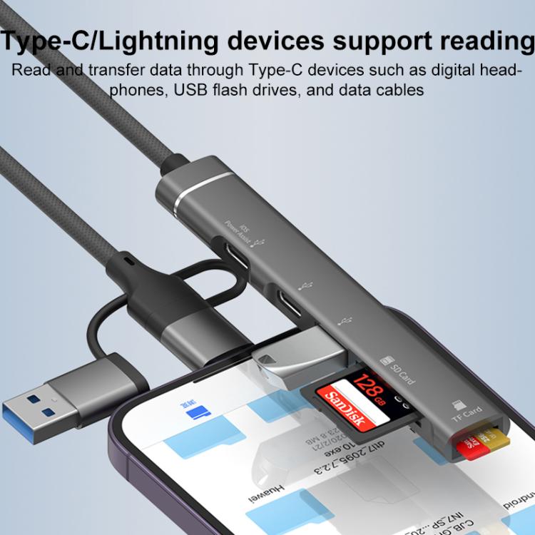 USB / Type-C / 8 Pin to TF / SD Card Reader, USB, Type-C HUB Adapter 5 in 1 Docking Station