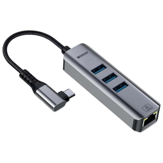 USB -C / Type-C Elbow to RJ45 and 3 x USB-A Aluminum Alloy Shell HUB Adapter Expander