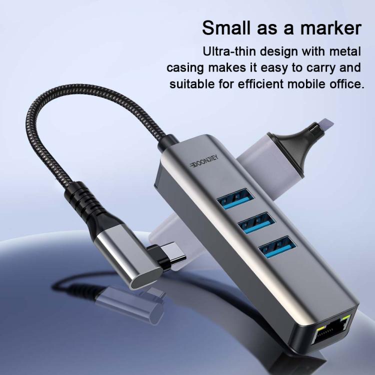 USB -C / Type-C Elbow to RJ45 and 3 x USB-A Aluminum Alloy Shell HUB Adapter Expander