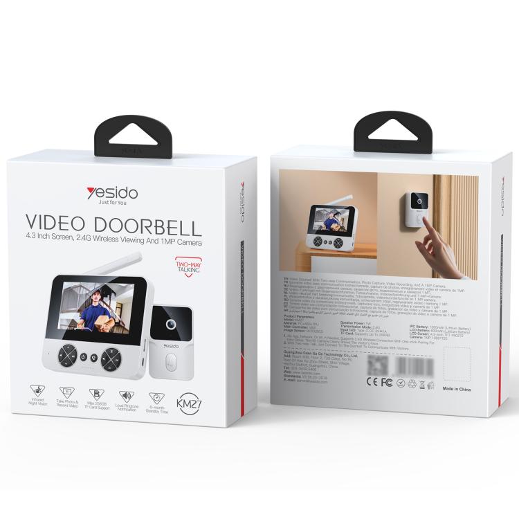 Yesido KM27 4.3 inch TFT Screen 2.4G Wireless Video Intercom Doorbell, Plug: UK Plug