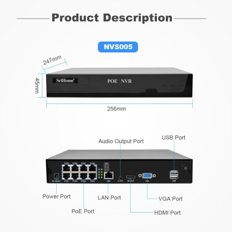 SriHome NVS005-POE065 3MP HD 8-CH POE Camera Network Video Recorder Kit