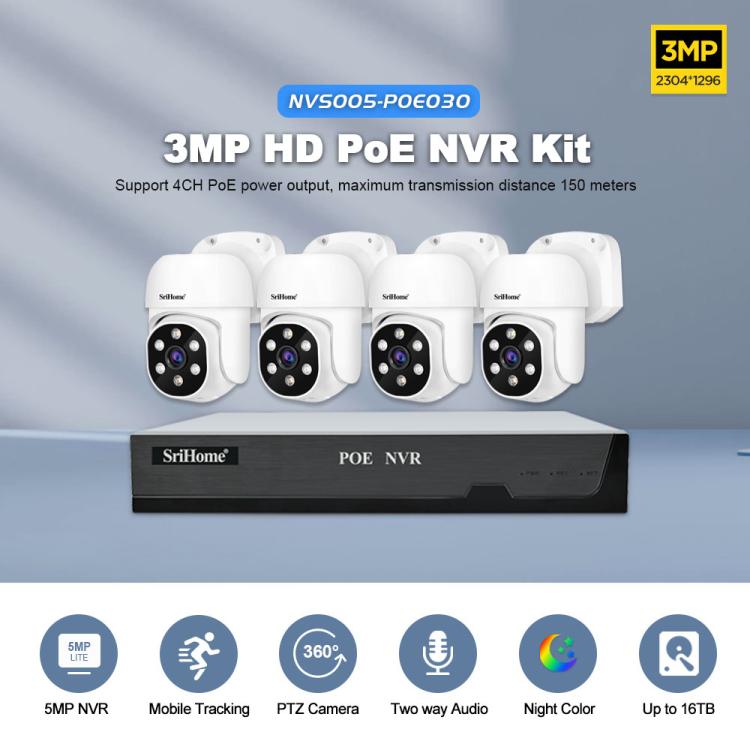 SriHome NVS005-POE030 3MP HD 4-CH POE Camera Network Video Recorder Kit