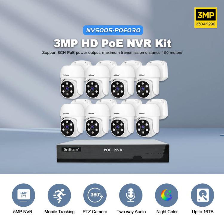 SriHome NVS005-POE030 3MP HD 8-CH POE Camera Network Video Recorder Kit