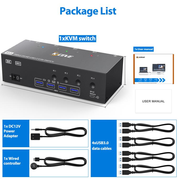 KCEVE KC-KVM403DH 4 IN 1 OUT DP/HD USB 3.0 4K 144Hz KVM Switch