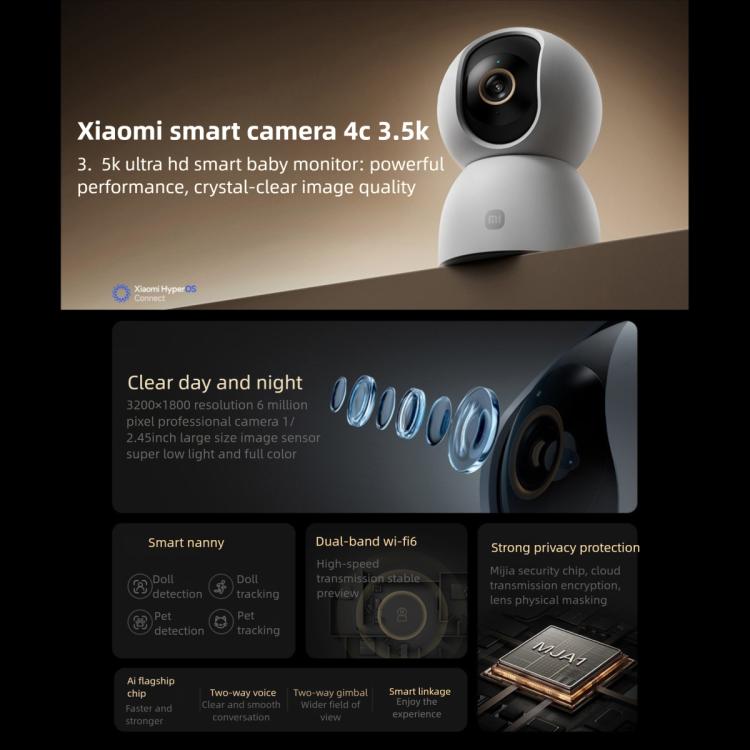 Original Xiaomi Smart Camera 4C 3.5K AI Detection 6MP Full Color Night Vision WiFi 6 Home Security Camera
