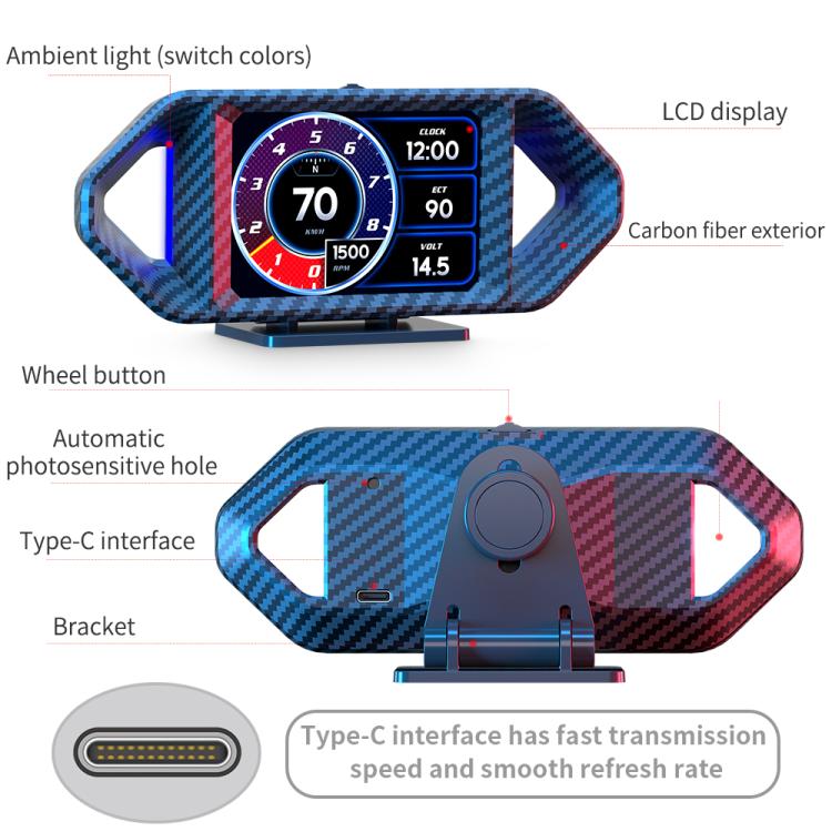 P26 Car HUD Head-Up Display Multi-function LCD OBD Smart Gauge Slope Meter Accelerometer