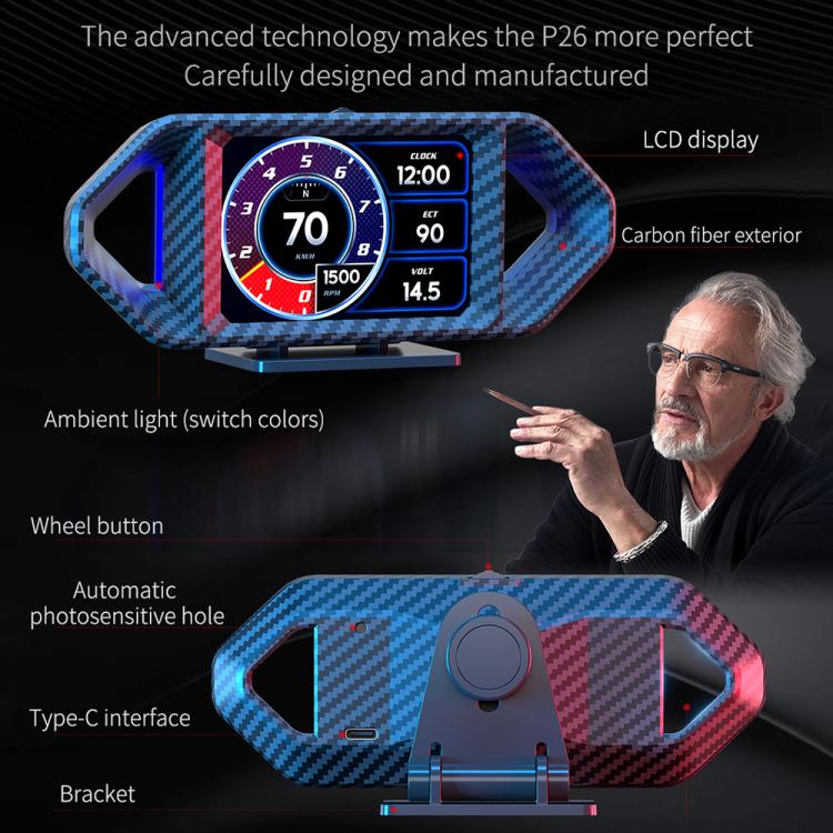 P26 Car HUD Head-Up Display Multi-function LCD OBD Smart Gauge Slope Meter Accelerometer