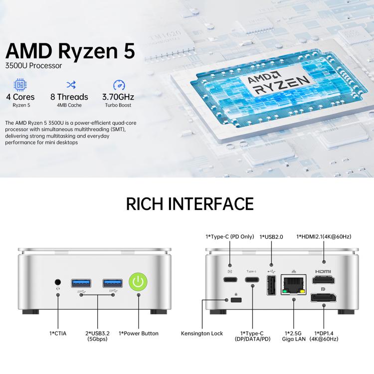 GMKtec NucBox G10 Mini PC, AMD Ryzen 5 3500U, Windows 11 Pro, WiFi, BT, HDTV, DisplayPort