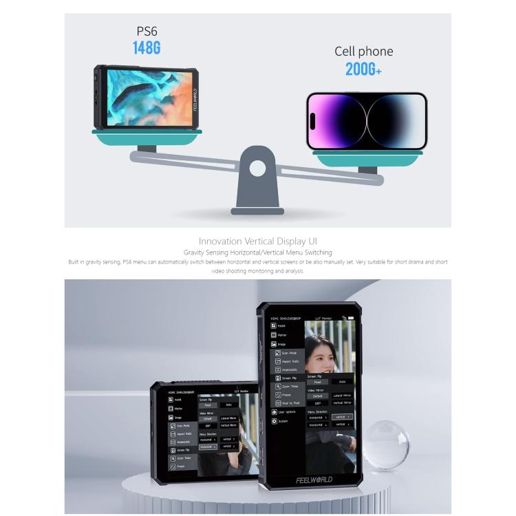 FEELWORLD PS6 5.5 inch OLED Vertical Horizontal Camera Field Video Monitor Touch Screen 4K HDMI-compatible