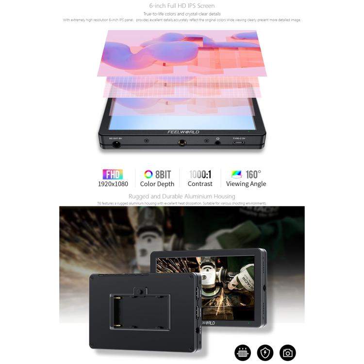 FEELWORLD T6 6 inch Camera Field Video Monitor Aluminium Housing 4K HDMI-compatible 1920x1080 IPS