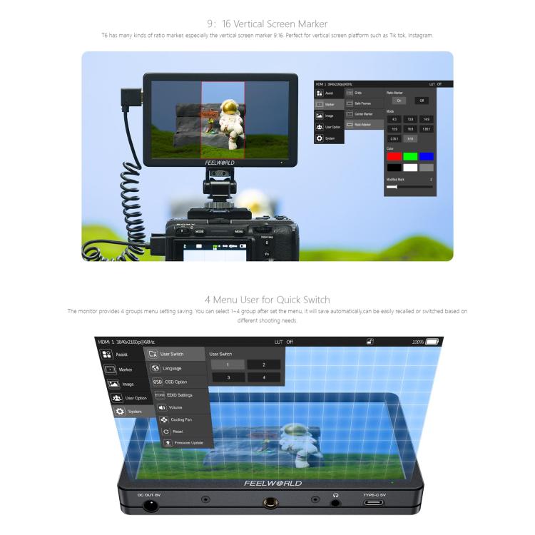 FEELWORLD T6 6 inch Camera Field Video Monitor Aluminium Housing 4K HDMI-compatible 1920x1080 IPS