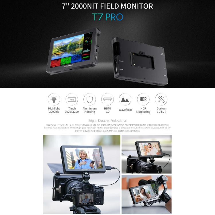 FEELWORLD T7 Pro 7-inch 2000nit Camera Field Video Monitor Aluminium Housing 4K 1920 x 1200 HDMI-compatible IPS Screen