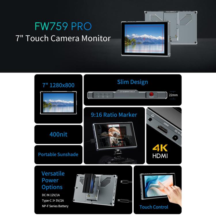 FEELWORLD FW759 Pro 7-inch Touch Screen Camera Field Video Monitor 4K HDMI-compatible 1280 x 800 IPS Screen