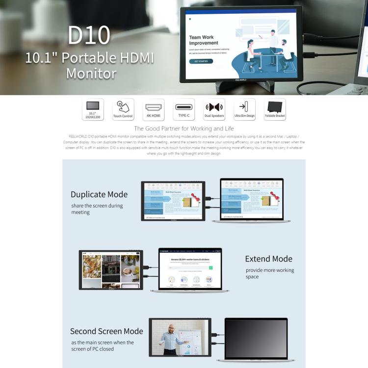 FEELWORLD D10 10.1 inch Portable External Monitor Touch FHD 1920 x 1200 USB-C HDMI-compatible Screen