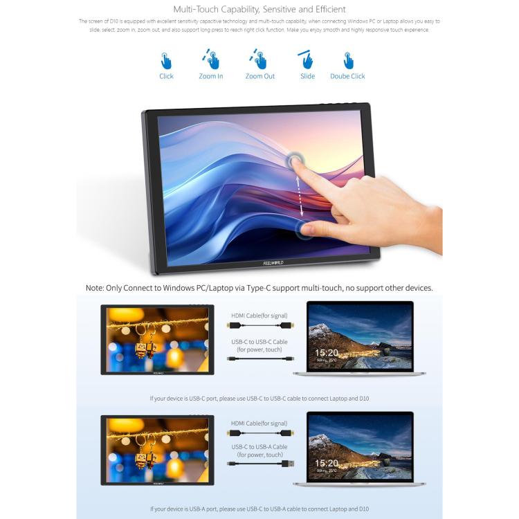 FEELWORLD D10 10.1 inch Portable External Monitor Touch FHD 1920 x 1200 USB-C HDMI-compatible Screen