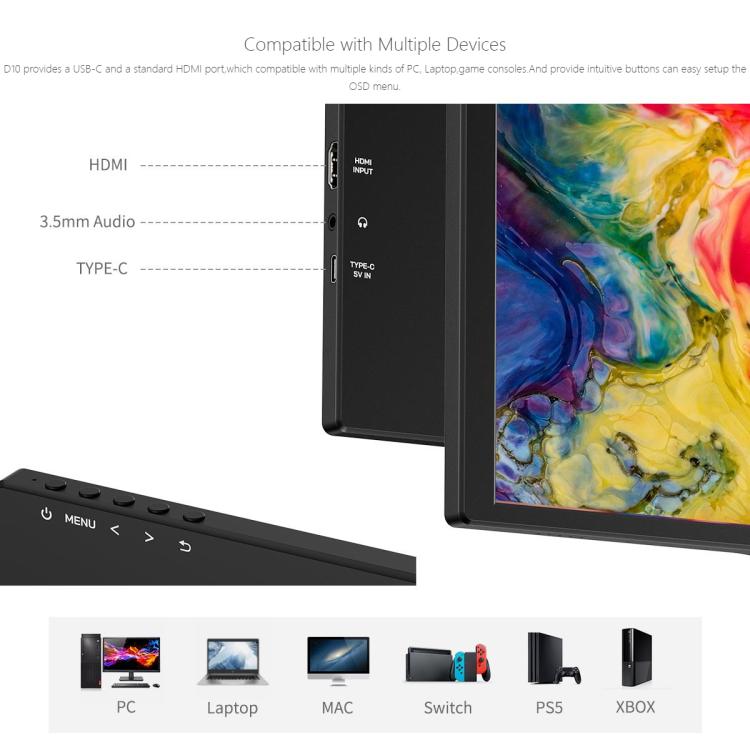 FEELWORLD D10 10.1 inch Portable External Monitor Touch FHD 1920 x 1200 USB-C HDMI-compatible Screen