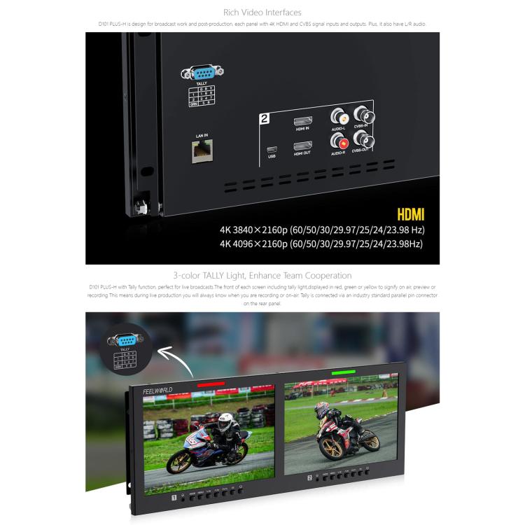 FEELWORLD D101 PLUS-H Dual 10.1 inch 4RU Rackmount Monitor 4K HDMI-compatible CVBS 1920x1200 IPS Screen