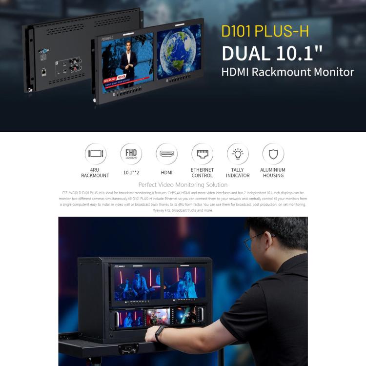 FEELWORLD D101 PLUS-H Dual 10.1 inch 4RU Rackmount Monitor 4K HDMI-compatible CVBS 1920x1200 IPS Screen