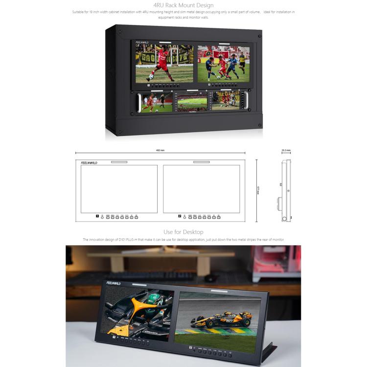 FEELWORLD D101 PLUS-H Dual 10.1 inch 4RU Rackmount Monitor 4K HDMI-compatible CVBS 1920x1200 IPS Screen