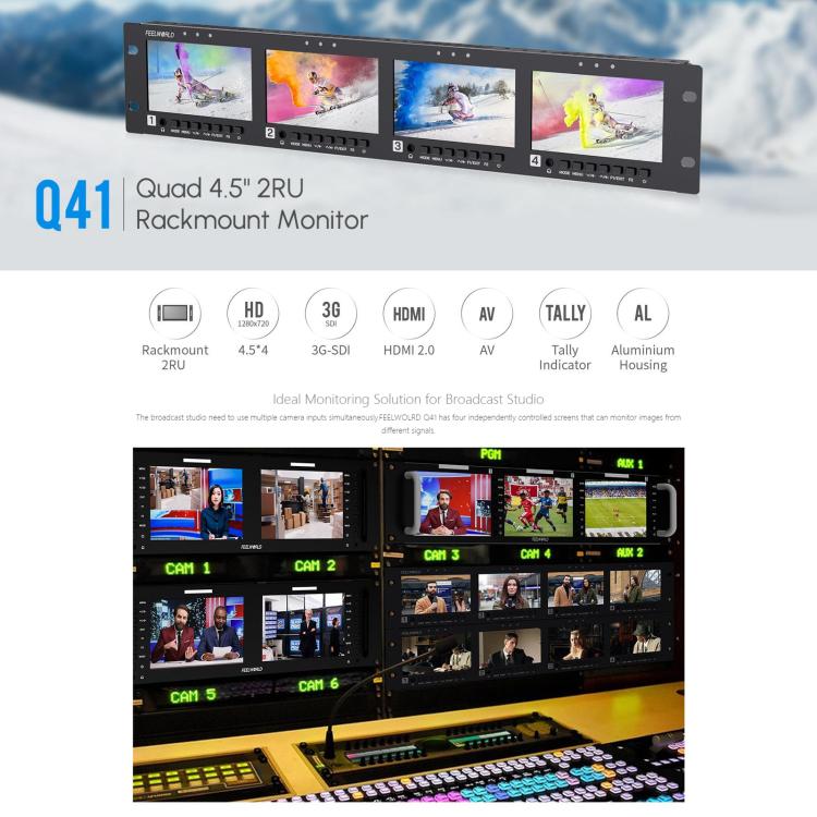 FEELWORLD Q41 Quad 4.5 inch 2RU Rackmount Monitor 3G-SDI 4K HDMI-compatible AV Input and Output