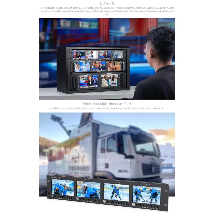 FEELWORLD Q41 Quad 4.5 inch 2RU Rackmount Monitor 3G-SDI 4K HDMI-compatible AV Input and Output