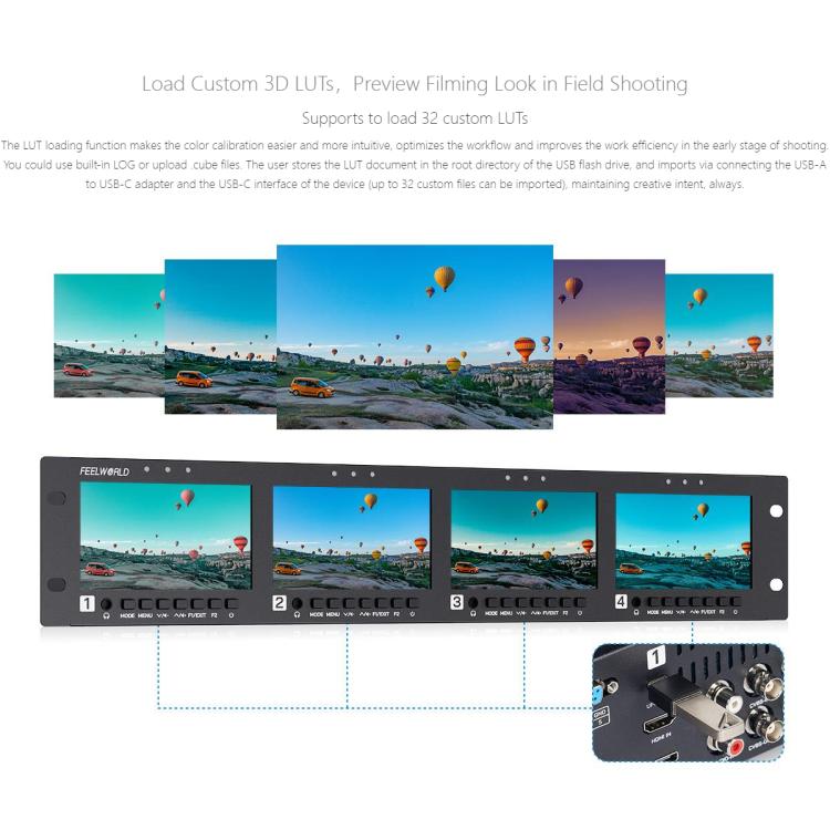 FEELWORLD Q41 Quad 4.5 inch 2RU Rackmount Monitor 3G-SDI 4K HDMI-compatible AV Input and Output