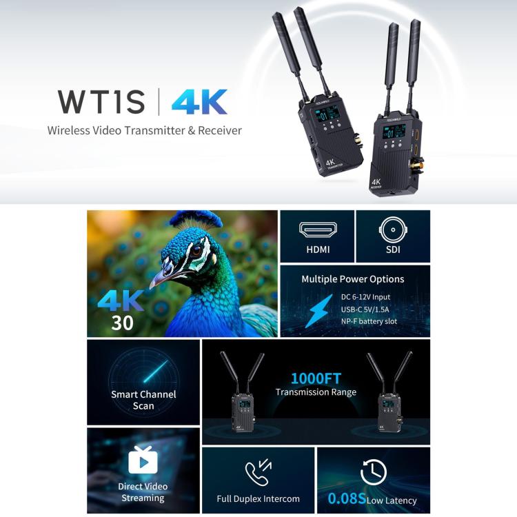 FEELWORLD WT1S 4K Wireless Video Transmission System SDI + Dual HDMI-compatible Full Duplex Intercom Live Streaming