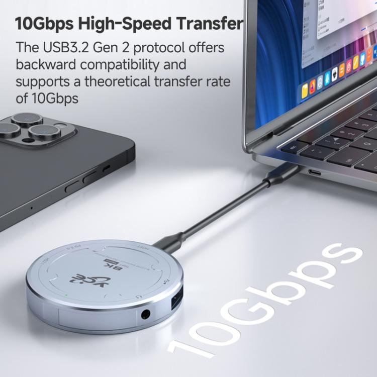 YCE-V195J USB-C / Type-C to PD3.0, HD2.1, USB3.2, 3.5mm, M.2 NVMe Magnetic Hard Drive Enclosure