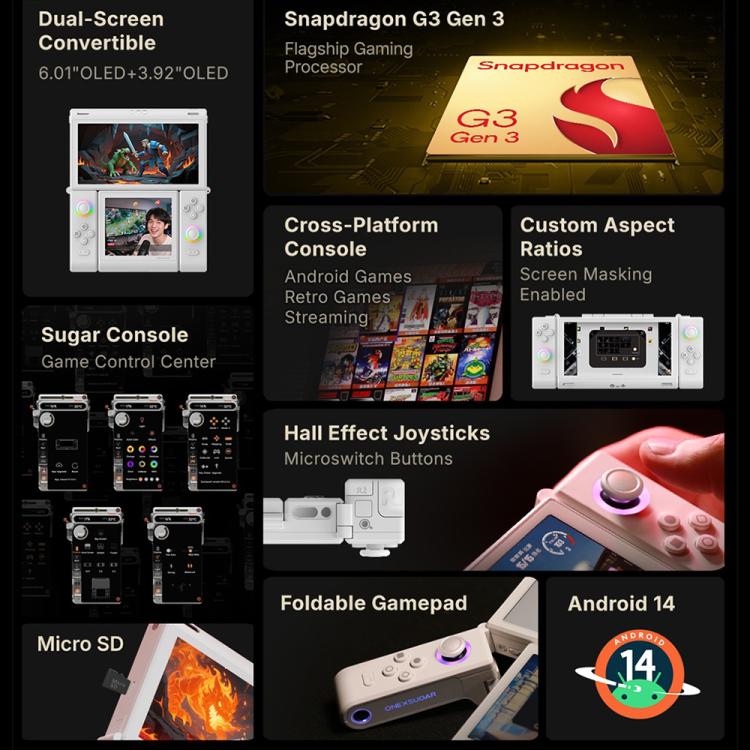 ONE-NETBOOK Sugar 1 Dual Screen Handheld Game Console, Android 14 Snapdragon G3 Gen3