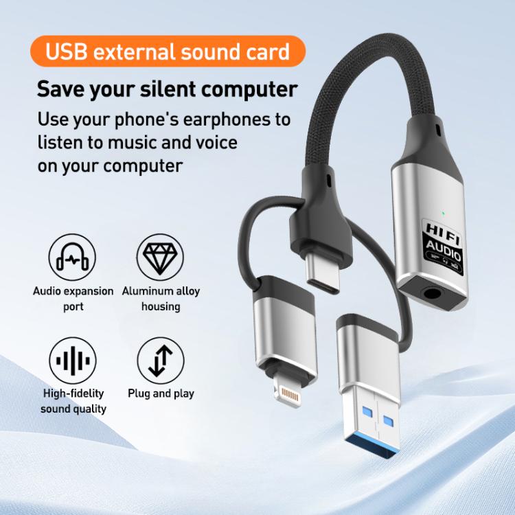 3 in 1 8 Pin, Type-C, USB to 3.5mm Multi-function External Sound Card