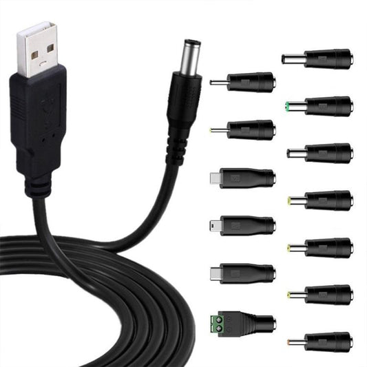 1.5m USB to DC5.5x2.1mm Male Power Cord with 13pcs Converter